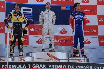 World © Octane Photographic Ltd. GP2 Spanish GP, Circuit de Catalunya, Saturday 11th May 2013. Race 1. Robin Frijns - Hilmer motorsport and Felipe Nasr and Jolyon Palmer - Carlin. Digital Ref : 0666cb1d1718