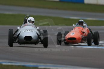 World © Octane Photographic Ltd. Donington Park 80th Anniversary Meeting (March 1933 – March 2013). HSCC/FJHRA Historic Formula Junior Championship – Race A Front Engine, morning practice and qualifying. Roger Dexter – Elva 100 and Derek Walker – Terrier MkIV. Digital Ref : 0598lw1d5165