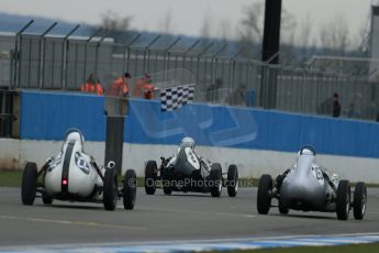 World © Octane Photographic Ltd. Donington Park 80th Anniversary Meeting (March 1933 – March 2013). HSCC/FJHRA Historic Formula Junior Championship – Race A Front Engine, morning practice and qualifying. Mark Woodhouse – Elva 100, Anthony Smith – Elva 100 and Roger Dexter – Elva 100 cross the line at end of session. Digital Ref : 0598lw1d5275