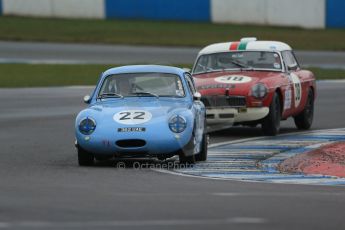 World © Octane Photographic Ltd. Donington Park 80th Anniversary Meeting (March 1933 – March 2013). HSCC Historic Road Sports Championship supported by Witchampton Garage (Inc. Class B2 Guards Trophy), morning practice and qualifying. Tony Davis – Austin Healey Sprite Mk1 and Paul Latimer – MGB. Digital Ref : 0599lw1d5463