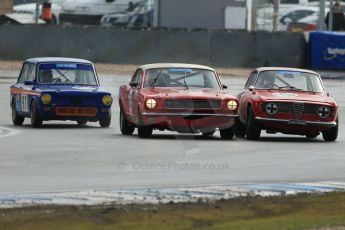 World © Octane Photographic Ltd. Donington Park 80th Anniversary Meeting (March 1933 – March 2013). HSCC/HRSR ByBx Historic Touring Car Championship. Paul Hopkinson – Alfa Romeo Giulia Sprint GT, Richard Dutton – Ford Mustang and David Heale – Hilman Imp all fighting for position at Redgate. Digital Ref : 0592lw1d6728