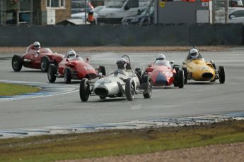 World © Octane Photographic Ltd. Donington Park 80th Anniversary Meeting (March 1933 – March 2013). HSCC/FJHRA Historic Formula Junior Championship – Race A Front Engine. Anthony Smith – Elva 100, Pat Barford – Stanguellini FJ, Ashley Waller – Sadler FJ and Jan Biekens – Stanguellini FJ. Digital Ref : 0593lw1d6763