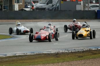 World © Octane Photographic Ltd. Donington Park 80th Anniversary Meeting (March 1933 – March 2013). HSCC/FJHRA Historic Formula Junior Championship – Race A Front Engine. Pat Barford – Stanguellini FJ, Ashley Waller – Sadler FJ and Jan Biekens – Stanguellini FJ, Andrea Guarino Lola MkII. Digital Ref : 0593lw1d6764