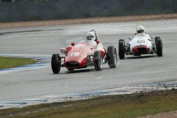 World © Octane Photographic Ltd. Donington Park 80th Anniversary Meeting (March 1933 – March 2013). HSCC/FJHRA Historic Formula Junior Championship – Race A Front Engine. Jan Biekens – Stanguellini FJ and Andrea Guarino Lola MkII. Digital Ref : 0593lw1d6809