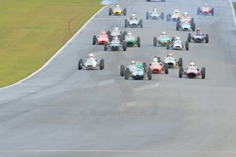 World © Octane Photographic Ltd. Donington Park 80th Anniversary Meeting (March 1933 – March 2013). HSCC/FJHRA Historic Formula Junior Championship – Race B, Rear Engine cars, Classes C-E. Sam Wilson in his Cooper T59 lead the pack away from the line. Digital Ref : 0596lw1d7183
