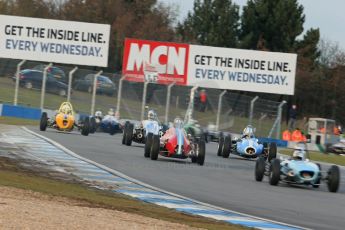 World © Octane Photographic Ltd. Donington Park 80th Anniversary Meeting (March 1933 – March 2013). HSCC/FJHRA Historic Formula Junior Championship – Race B, Rear Engine cars, Classes C-E. The pack dive into Redgate. Digital Ref : 0596lw1d7204