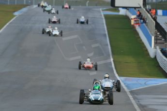 World © Octane Photographic Ltd. Donington Park 80th Anniversary Meeting (March 1933 – March 2013). HSCC/FJHRA Historic Formula Junior Championship – Race B, Rear Engine cars, Classes C-E. Sam Wilson in his Cooper T59 and Jonathon Hughes in his Brabham BT6 still leading the pack. Digital Ref : 0596lw1d7208