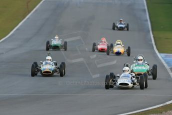 World © Octane Photographic Ltd. Donington Park 80th Anniversary Meeting (March 1933 – March 2013). HSCC/FJHRA Historic Formula Junior Championship – Race B, Rear Engine cars, Classes C-E. Steve Jones – Cooper T67, Michael Hibberd – Brabham BT2 and Alex Morton – Ausper. Digital Ref : 0596lw1d7225