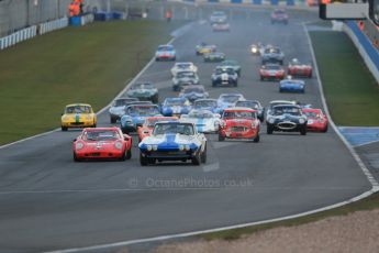 World © Octane Photographic Ltd. Donington Park 80th Anniversary Meeting (March 1933 – March 2013). HSCC Guards Trophy Car Championship supported by Dunlop Tyres. Craig Davies in his Chevrolet Corvette and Ross Maxwell in his Chevron B8 go toe to toe ahead of the pack into Redgate on the opening lap. Digital Ref : 0597lw1d7477