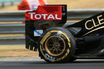 World © Octane Photographic Ltd. F1 Hungarian GP - Hungaroring. Thursday. 25th July 2013. F1 Practice 2. Lotus F1 Team E21 - Team boss Gerard Lopez has had the rear wing end plate of both cars adorned with Galician flag in remembrance of the victims of the Spanish rail disaster. Digital Ref : 0760lw1d1940