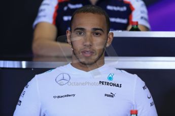 World © Octane Photographic Ltd. F1 Hungarian GP - Hungaroring. Thursday Press Conference. 25th July 2013. Mercedes AMG Petronas F1 W04 – Lewis Hamilton. Digital Ref : 0756lw1d0630