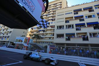 World © Octane Photographic Ltd. F1 Monaco GP, Monte Carlo - Sunday 26th May - Finish Line. Mercedes AMG Petronas F1 W04 – Lewis Hamilton crosses the line. Digital Ref : 0712lw1d1887
