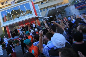 World © Octane Photographic Ltd. F1 Monaco GP, Monte Carlo - Sunday 26th May - Podium and celebrations. Nico Rosberg of Mercedes AMG Petronas starts his victory celebrations. Digital Ref : 0712lw1d1847