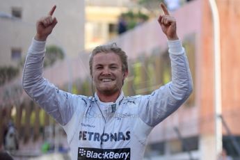 World © Octane Photographic Ltd. F1 Monaco GP, Monte Carlo - Sunday 26th May - Podium and celebrations. Mercedes AMG Petronas' Nico Rosberg celebrates after his lights to flag victory. Digital Ref : 0712lw7d9881