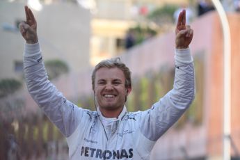 World © Octane Photographic Ltd. F1 Monaco GP, Monte Carlo - Sunday 26th May - Podium and celebrations. Mercedes AMG Petronas' Nico Rosberg celebrates after his lights to flag victory. Digital Ref : 0712lw7d9888