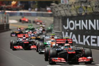 World © Octane Photographic Ltd. F1 Monaco GP, Monte Carlo - Sunday 26th May - Race. Vodafone McLaren Mercedes MP4/28 - Jenson Button leads the midfield pack. Digital Ref : 0711lw1d0892