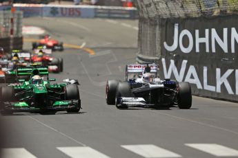 World © Octane Photographic Ltd. F1 Monaco GP, Monte Carlo - Sunday 26th May - Race. The Caterham F1 Team CT03 of Giedo van der Garde alongside the damaged Williams FW35 of Pastor Maldonado. Digital Ref : 0711lw1d0914