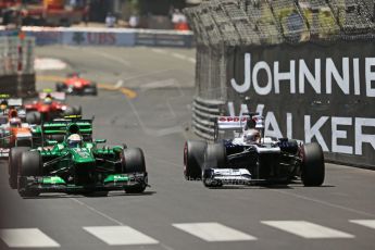 World © Octane Photographic Ltd. F1 Monaco GP, Monte Carlo - Sunday 26th May - Race. The Caterham F1 Team CT03 of Giedo van der Garde alongside the damaged Williams FW35 of Pastor Maldonado. Digital Ref : 0711lw1d0916