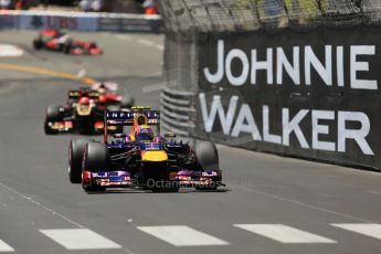 World © Octane Photographic Ltd. F1 Monaco GP, Monte Carlo - Sunday 26th May - Race. Infiniti Red Bull Racing RB9 - Mark Webber, Lotus F1 Team E21 - Kimi Raikkonen and Scuderia Ferrari F138 - Fernando Alonso. Digital Ref : 0711lw1d1003