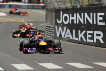 World © Octane Photographic Ltd. F1 Monaco GP, Monte Carlo - Sunday 26th May - Race. Infiniti Red Bull Racing RB9 - Mark Webber, Lotus F1 Team E21 - Kimi Raikkonen and Scuderia Ferrari F138 - Fernando Alonso. Digital Ref : 0711lw1d1003