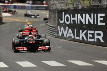 World © Octane Photographic Ltd. F1 Monaco GP, Monte Carlo - Sunday 26th May - Race. Vodafone McLaren Mercedes MP4/28 - Sergio Perez leads Jenson Button. Digital Ref : 0711lw1d1024