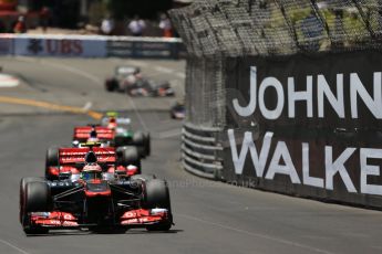 World © Octane Photographic Ltd. F1 Monaco GP, Monte Carlo - Sunday 26th May - Race. Vodafone McLaren Mercedes MP4/28 - Sergio Perez leads Jenson Button. Digital Ref : 0711lw1d1119