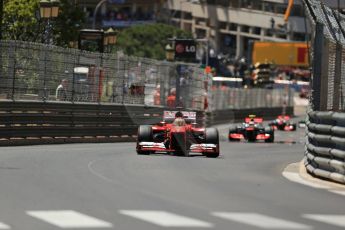 World © Octane Photographic Ltd. F1 Monaco GP, Monte Carlo - Sunday 26th May - Race. Scuderia Ferrari F138 - Fernando Alonso and Vodafone McLaren Mercedes MP4/28 - Sergio Perez. Digital Ref : 0711lw1d1318