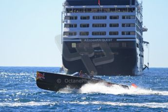 World © Octane Photographic Ltd. One of Infiniti Red Bull Racing's shuttle motor boats powers past the Azamara Quest. Digital Ref : 07137d2955