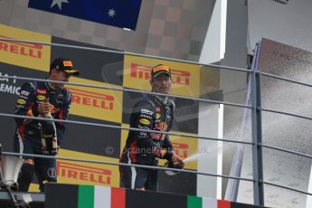 World © Octane Photographic Ltd. F1 Italian GP - Monza, Sunday 8th September 2013 - Podium. Infiniti Red Bull Racing RB9 - Sebastian Vettel and Mark Webber celebrate. Digital Ref :