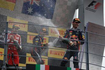 World © Octane Photographic Ltd. F1 Italian GP - Monza, Sunday 8th September 2013 - Podium. Infiniti Red Bull Racing RB9 - Sebastian Vettel and Mark Webber celebrate. Digital Ref :