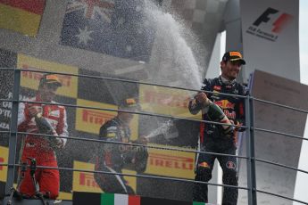World © Octane Photographic Ltd. F1 Italian GP - Monza, Sunday 8th September 2013 - Podium. Infiniti Red Bull Racing RB9 - Sebastian Vettel and Mark Webber celebrate. Digital Ref :