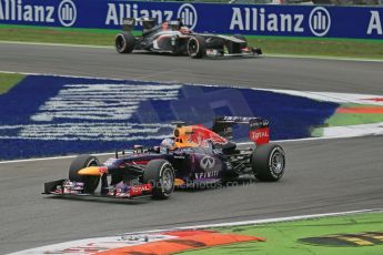World © Octane Photographic Ltd. F1 Italian GP - Monza, Sunday 8th September 2013 - Race. Infiniti Red Bull Racing RB9 - Sebastian Vettel and Sauber C32 - Nico Hulkenberg. Digital Ref : 0824lw1d6056