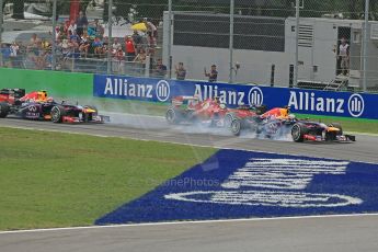 World © Octane Photographic Ltd. F1 Italian GP - Monza, Sunday 8th September 2013 - Race. Infiniti Red Bull Racing RB9 - Sebastian Vettel grabs a front brake heading into turn 1. Digital Ref : 0824lw1d6080