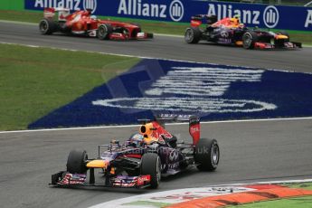 World © Octane Photographic Ltd. F1 Italian GP - Monza, Sunday 8th September 2013 - Race. Infiniti Red Bull Racing RB9 - Sebastian Vettel leads team mate Mark Webber as Webber comes under pressure from Fernando Alonso's Ferrari F138. Digital Ref : 0824lw1d6203