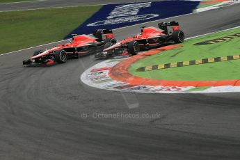 World © Octane Photographic Ltd. F1 Italian GP - Monza, Sunday 8th September 2013 - Race. Marussia F1 Team MR02 - Jules Bianchi and Max Chilton fight into the 1st chicane. Digital Ref : 0824lw1d6289