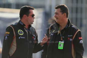 World © Octane Photographic Ltd. F1 Italian GP - Monza, Friday 6th September 2013 - Paddock. Lotus F1 Team E21 - Eric Boullier and Federico Gastaldi - Business Development Director. Digital Ref : 0810lw1d1389