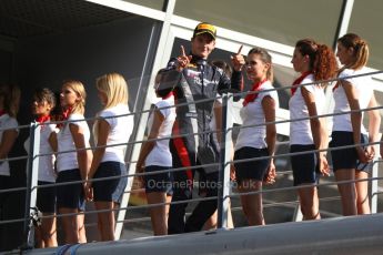 World © Octane Photographic Ltd. GP2 Italian GP, Monza, Saturday 7th September 2013. Race 1. Tom Dillmann (3rd) celebrates on his way to the podium – Russian TIME. Digital Ref :