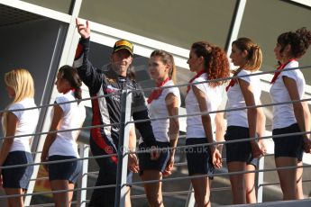 World © Octane Photographic Ltd. GP2 Italian GP, Monza, Saturday 7th September 2013. Race 1. Sam Bird (2nd)  celebrates on his way to the podium – Russian TIME. Digital Ref :