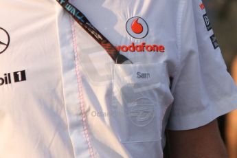 World © Octane Photographic Ltd. F1 Italian GP - Monza, Saturday 7th September 2013 - Paddock. Vodafone McLaren Mercedes sporting director Sam Michael shirt pocket close up showing the McLaren 50 logo. Digital Ref : 0815cb7d5430a