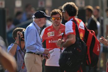 World © Octane Photographic Ltd. F1 Italian GP - Monza, Saturday 7th September 2013 - Paddock. Scuderia Ferrari F138 - Fernando Alonso and John Surtees. Digital Ref : 0815lw1d4142