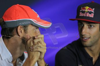 World © Octane Photographic Ltd. F1 Italian GP - Monza, Thursday 5th September 2013 - FIA Press Conference. Vodafone McLaren Mercedes MP4/28 - Jenson Button talking with Scuderia Toro Rosso STR 8 driver Daniel Ricciard. Digital Ref : 0809lw1d1215