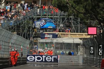 World © Octane Photographic Ltd. Monaco – Monte Carlo – Porsche Mobil 1 Supercup. Jeroen Mul's car is craned away - Team Bleekemolen. Friday 24th May 2013. Digital Ref :