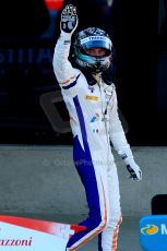 World © Octane Photographic Ltd./Chris Enion. Saturday 30th June 2013 Dallara GP3/13 - British GP - Silverstone - Race 2. Trident – Giovanni Venturini celebrates in Parc Ferme. Digital ref : 0736ce1d9197