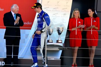 World © Octane Photographic Ltd./Chris Enion. Saturday 30th June 2013 Dallara GP3/13 - British GP - Silverstone - Race 2. Carlin – Nick Yelloly walks onto the podium. Digital ref : 0736ce1d9206