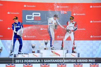 World © Octane Photographic Ltd./Chris Enion. Saturday 30th June 2013 Dallara GP3/13 - British GP - Silverstone - Race 2 Podium. Giovanni Venturini, Alex Fontana and Nick Yelloly celebrate on the podium. Digital ref : 0736ce1d9237