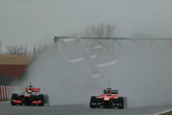 World © Octane Photographic Ltd. Formula 1 Winter testing, Barcelona – Circuit de Catalunya, 28th February 2013. Vodafone McLaren Mercedes MP4/28. Sergio Perez and Marussia MR02, Max Chilton. Digital Ref:
