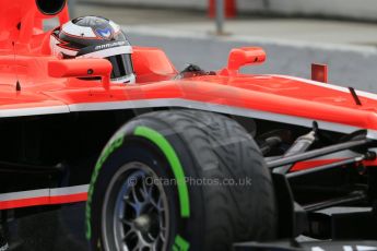 World © Octane Photographic Ltd. Formula 1 Winter testing, Barcelona – Circuit de Catalunya, 1st March 2013. Marussia MR02 front suspension, Max Chilton. Digital Ref: 0582lw1d8488