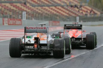 World © Octane Photographic Ltd. Formula 1 Winter testing, Barcelona – Circuit de Catalunya, 1st March 2013.  Marussia MR02, Max Chilton followed by Sahara Force India VJM06 –  Adrian Sutil. Digital Ref: 0582lw1d8525