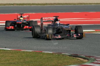 World © Octane Photographic Ltd. Formula 1 Winter testing, Barcelona – Circuit de Catalunya, 2nd March 2013. Toro Rosso STR8, Jean-Eric Vergne and Vodafone McLaren Mercedes MP4/28, Sergio Perez. Digital Ref: 0583lw1d9420