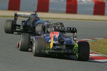 World © Octane Photographic Ltd. Formula 1 Winter testing, Barcelona – Circuit de Catalunya, 2nd March 2013. Infiniti Red Bull Racing RB9 of Mark Webber and the Sauber C32 of Esteban Gutierrez. Digital Ref: 0583lw1d9933
